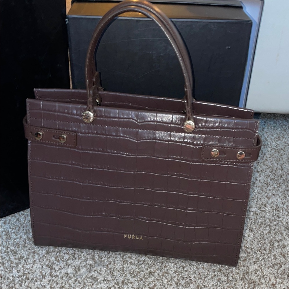 Furla Crocodile Embossed Brown Satchel